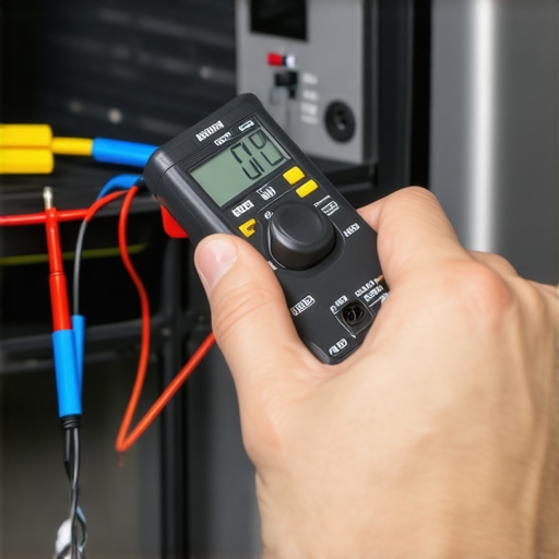 Using a multimeter for dishwasher maintenance Homeowner testing dishwasher wiring with a multimeter for repairs