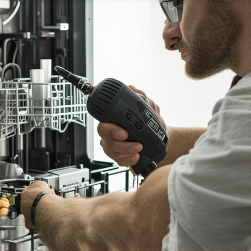 Using a torque screwdriver for dishwasher maintenance Person tightening dishwasher screw with a digital torque screwdriver in a kitchen