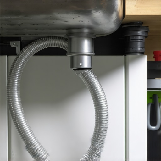 Close up showing a dishwasher drain hose properly looped high under a kitchen sink to prevent drainage backflow.