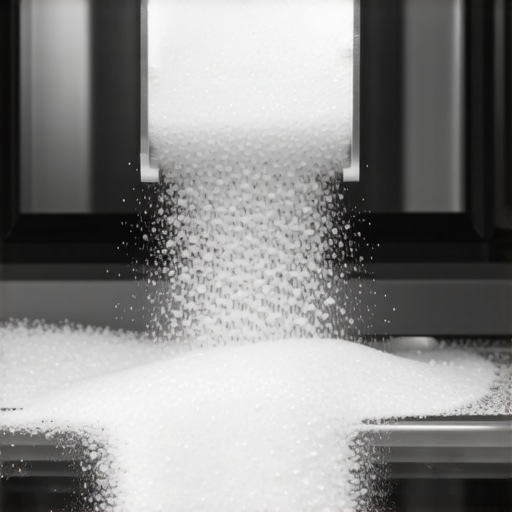 Food-grade citric acid powder being placed in a dishwasher detergent cup for descaling.