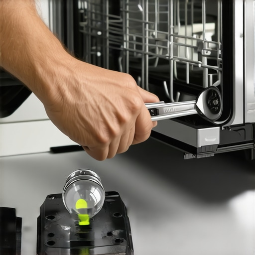 Close up of leveling a dishwasher with a wrench and spirit level