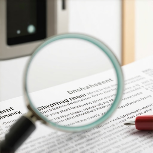 A magnifying glass focusing on specific terms and conditions of a dishwasher warranty to avoid hidden fees.