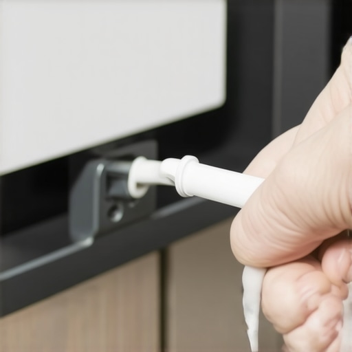 A hand applying grease to the pulley system on the side of a dishwasher unit to stop door squeaking.