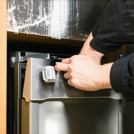 Technician installing vapor barrier tape to protect kitchen cabinets from dishwasher steam.