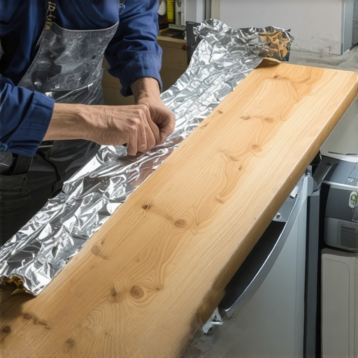 Applying a Dishwasher Vapor Barrier Technician applying protective foil vapor barrier tape to a kitchen countertop during dishwasher installation.
