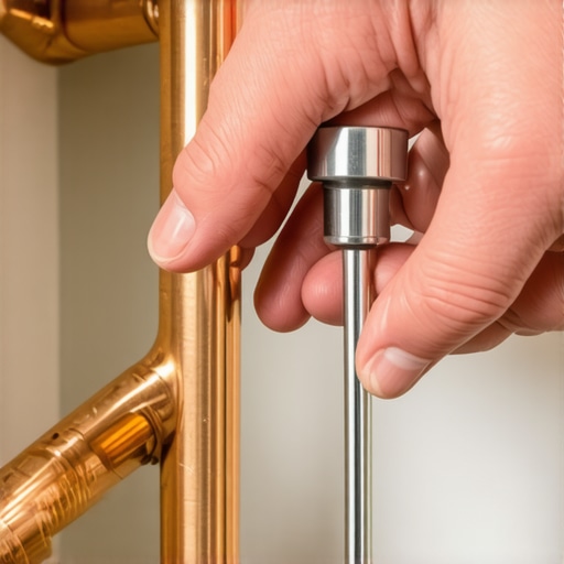 Close up of a spring bender tool shaping a copper dishwasher water line under a cabinet.