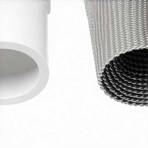 Comparison of a durable braided stainless steel dishwasher supply line and a standard plastic hose to prevent leaks.