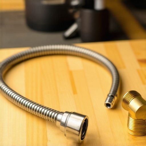 A stainless steel braided dishwasher supply line and brass elbow connector ready for installation.