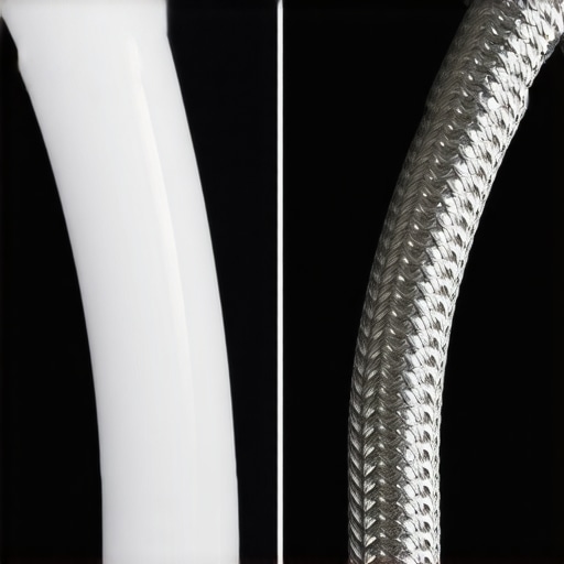 A comparison showing why braided steel hoses are superior to plastic lines for dishwasher installation.