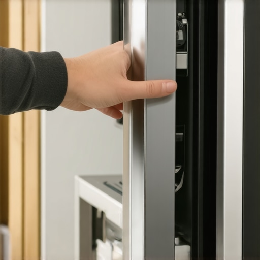 Checking the dishwasher door gasket for damage A person inspecting a black rubber dishwasher seal for signs of wear and tear.