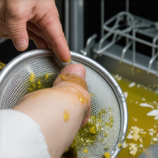 A hand pulling a dirty filter from a dishwasher for cleaning.