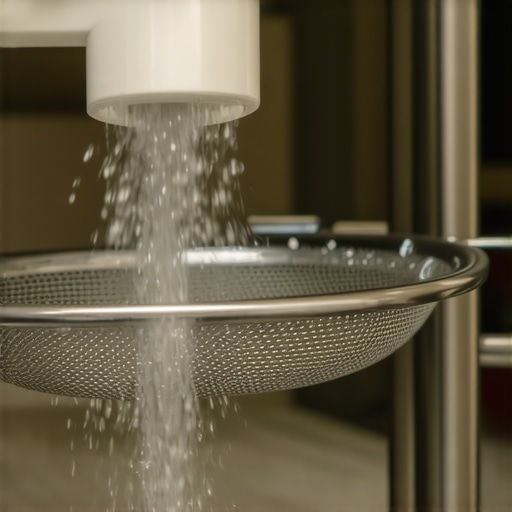 Hand holding a circular dishwasher filter under running water for cleaning.