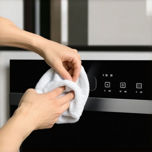 Close-up of a hand cleaning a digital dishwasher interface with a microfiber cloth.