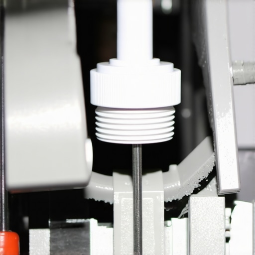 Close-up of a garbage disposal inlet showing the plastic knockout plug that must be removed during dishwasher installation.