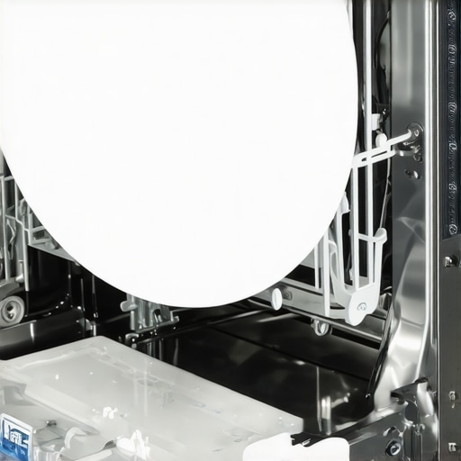Common loading mistake blocking dishwasher detergent door A large plate blocking the dishwasher detergent dispenser from opening properly.