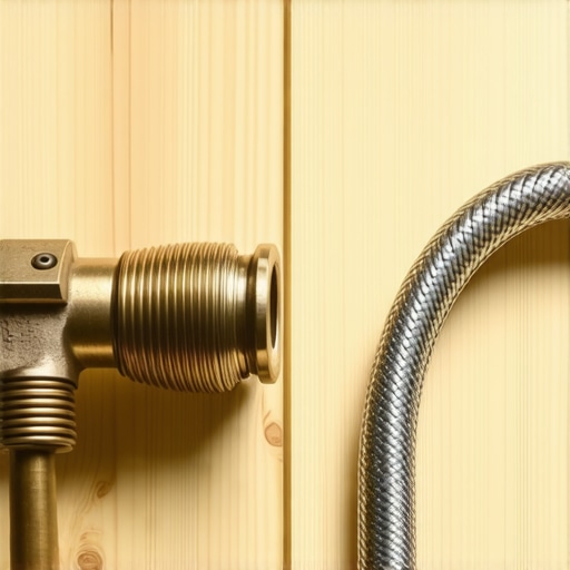 Close-up of a corroded old brass dishwasher connector and a new braided supply line.