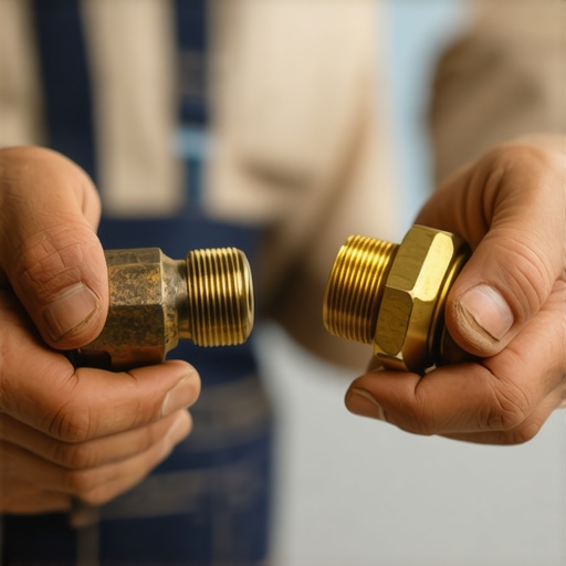 A detailed side-by-side comparison of a used, corroded brass dishwasher fitting and a brand-new replacement part.