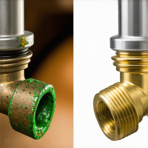 A close-up side-by-side of a corroded old brass fitting and a new replacement part for a dishwasher.