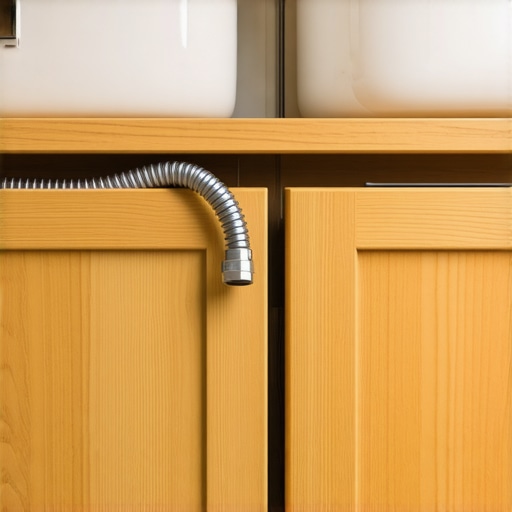 Close up of a dishwasher drain hose secured in a high loop under a sink to prevent siphoning and smells.