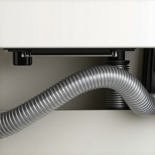 Close up of a dishwasher drain hose secured in a high loop under a kitchen sink