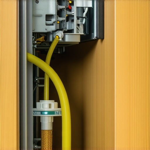 Close-up of properly routed dishwasher wiring and hoses through a cabinet wall.