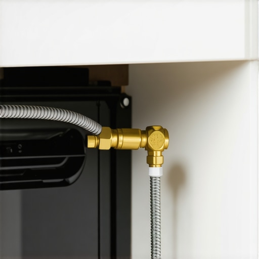 Correct Dishwasher Water Line Connection A professional-grade braided stainless steel water supply line connected to a dishwasher inlet valve.