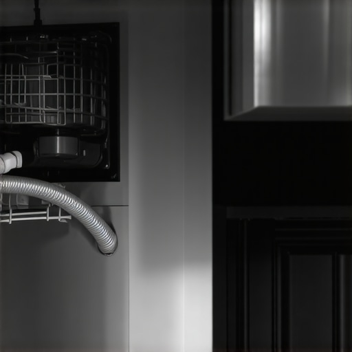 Close-up of a dishwasher drain hose showing a proper high loop configuration under a sink.