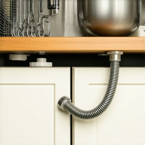 Close-up of a dishwasher drain hose secured in a high loop under a sink to prevent backflow.