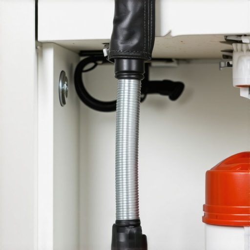 A dishwasher drain hose properly installed with a high loop to prevent backflow and odors.