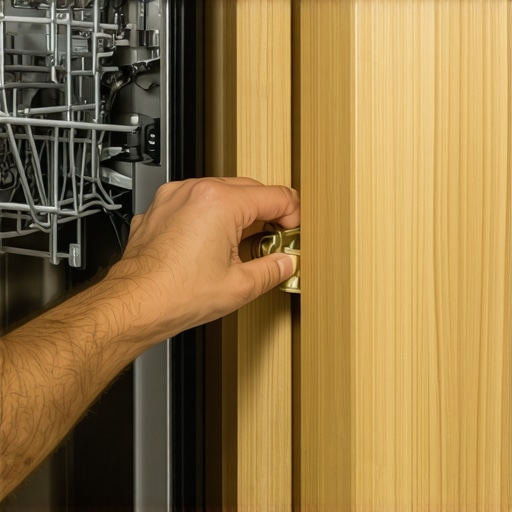 Close-up of a braided steel hose being connected to a brass water inlet valve for a dishwasher.