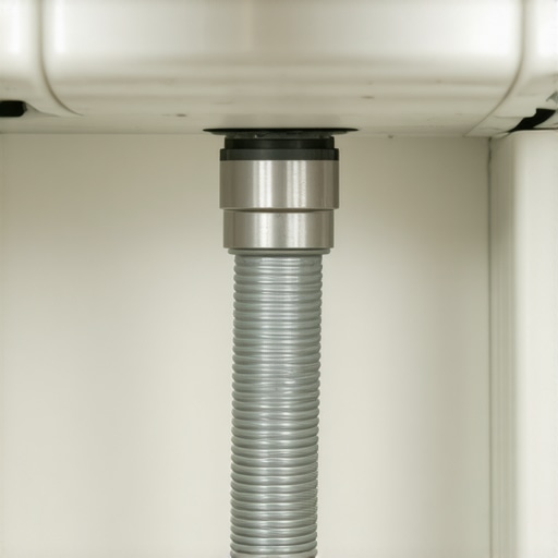 A dishwasher drain hose properly installed with a high loop under a sink to prevent siphoning.
