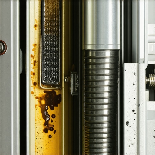 A close-up view of a damaged dishwasher heating element and grease-clogged drain hose caused by improper high-altitude settings.