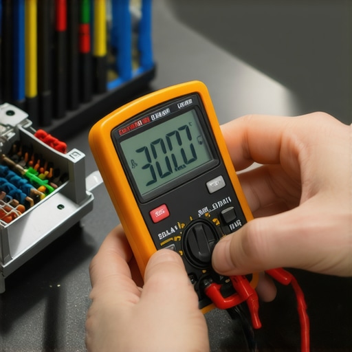 A person using a digital multimeter to test a dishwasher thermal fuse for continuity on a kitchen counter.