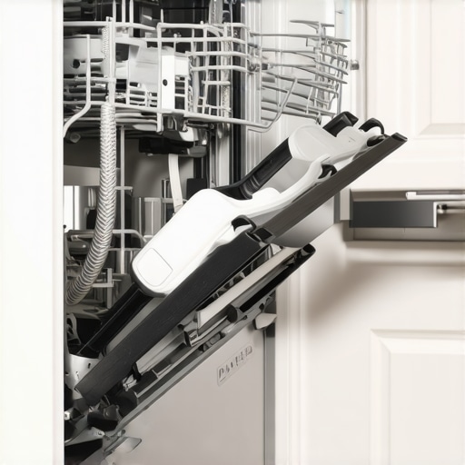A close-up of a dishwasher side panel exposing the spring, cable, and pulley system during a DIY repair.