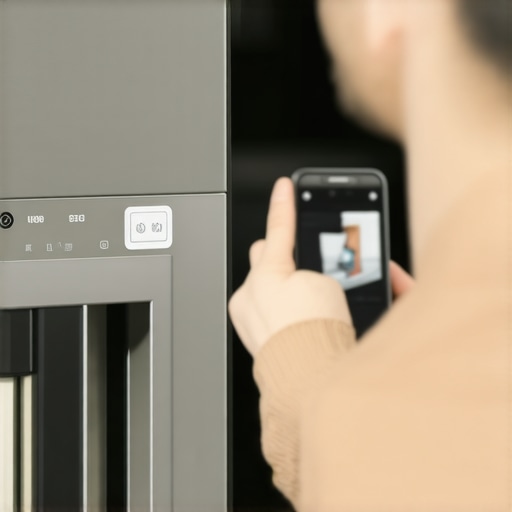 Close up of a dishwasher rating plate with model and serial numbers being photographed by a smartphone.