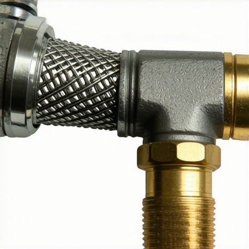 A close-up of a stainless steel braided dishwasher supply line with a heavy-duty brass elbow fitting.