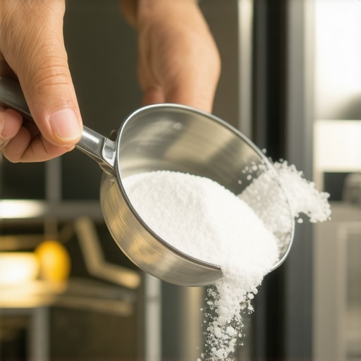 Eco-friendly dishwasher descaling with citric acid A person using citric acid to remove hard water scale from a dishwasher interior.