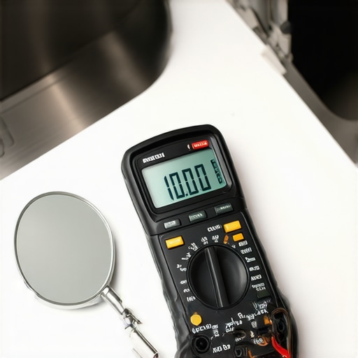 Close-up of a digital multimeter and inspection mirror used for dishwasher warranty maintenance.