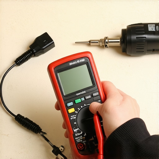 A digital multimeter being used to test a dishwasher part on a kitchen floor.
