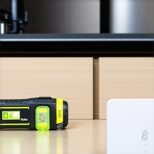 Nut driver and torpedo level next to a dishwasher for installation maintenance