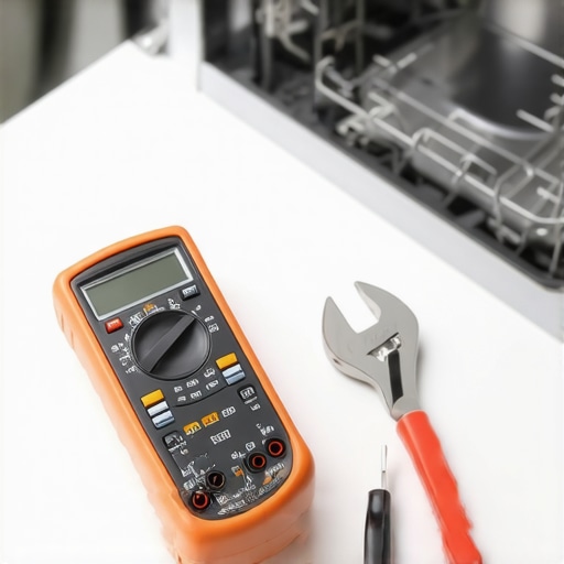 A digital multimeter and flare nut wrench used for DIY dishwasher repair and maintenance.
