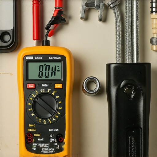 A digital multimeter, braided steel hose, and professional wrench laid out for dishwasher repair and maintenance.