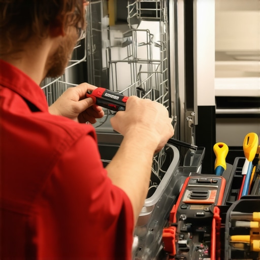 A person using a multimeter and a Torx T15 driver to check dishwasher components for repair.