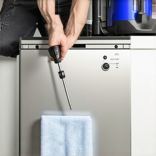 Essential Tools for Dishwasher Latch Repair Technician using a Torx screwdriver to fix a dishwasher door latch with maintenance tools nearby.