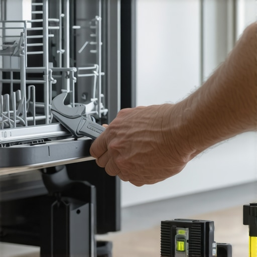 Hand adjusting a dishwasher leveling leg with a wrench and spirit level.