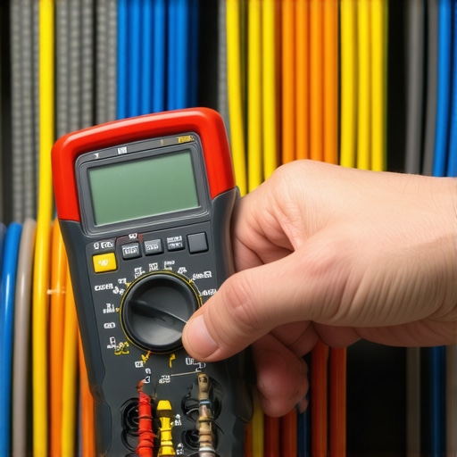 Technician testing a dishwasher thermal fuse with a multimeter and braided steel hoses nearby.