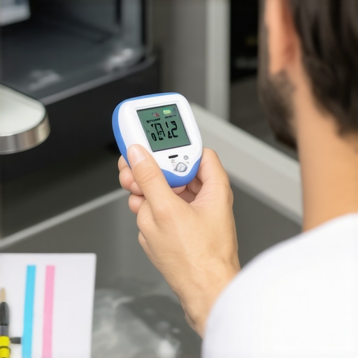 Essential Tools for Dishwasher Maintenance A person checking dishwasher water temperature with an infrared thermometer and maintenance log.