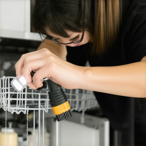 Man cleaning dishwasher spray arm with professional tools