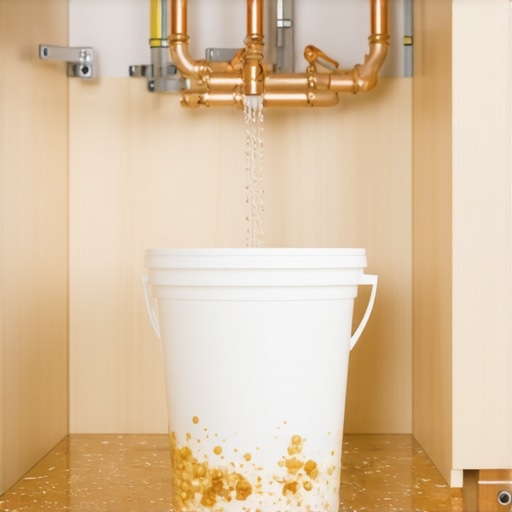 A plumber flushing sediment from a high-rise water line into a bucket before connecting a dishwasher.