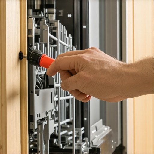 Hand-tightening a dishwasher mounting bracket A manual screwdriver tightening a metal dishwasher bracket into a wooden cabinet.
